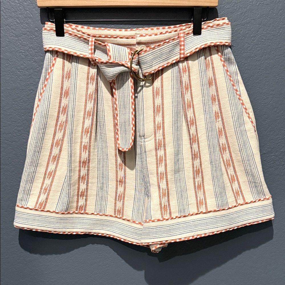NWT Hunter Bell NY High-Waist Stripe Belted Cream Coral Linen Blend Shorts Sz 6 - Picture 2 of 13